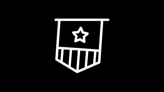 Simple white outline of a pennant flag with a star and stripes on a black background
