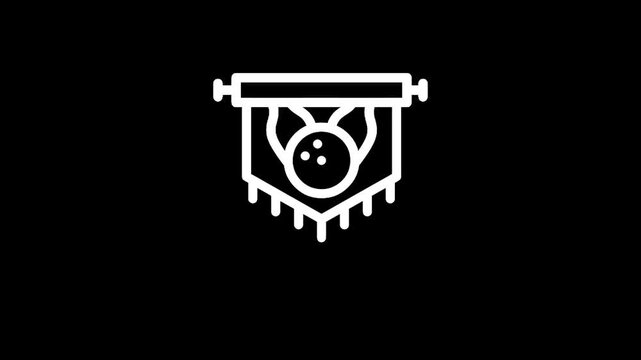 Bowling trophy banner icon with ball and pins on a black background