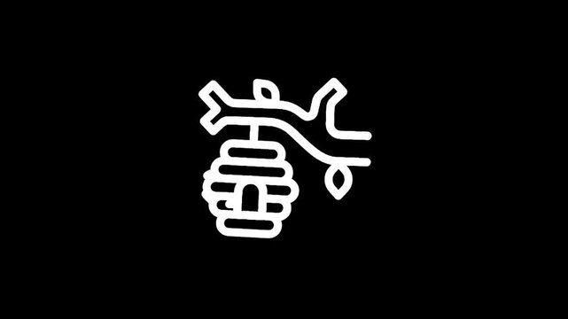 Stylized white line drawing of a beehive hanging from a tree branch on a black background