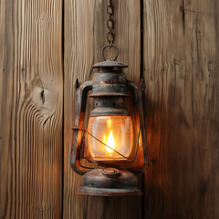 Rusty metal lantern with flame light isolated on a transparent background
