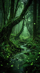 Obraz premium Enchanting forest stream at night with glowing fireflies and lush green moss
