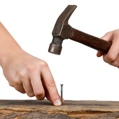 Hands holding hammer and nail on wood construction isolated on a transparent background