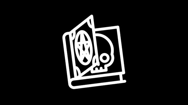 Ancient spellbook with pentagram symbol on cover, minimalist white icon on black background