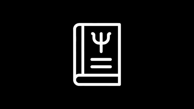 Simple white outline icon of a book with the psi symbol on its cover