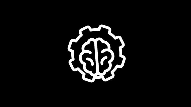White outline of a brain inside a gear on a black background, representing artificial intelligence