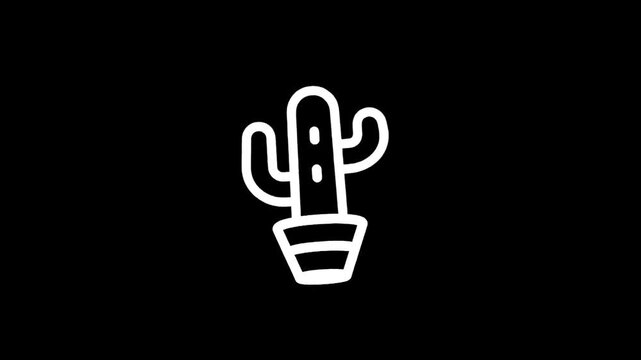 Simple white line art icon of a potted cactus on a black background