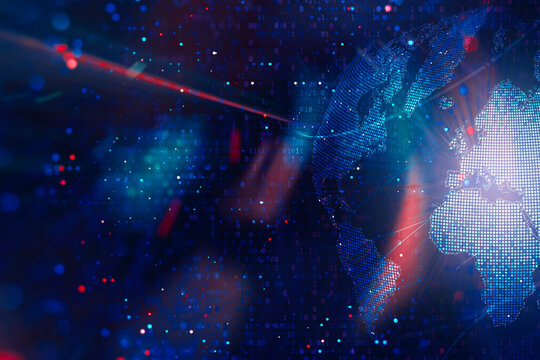 Abstract global world map with digital dots with financial charts and data overlays. Concept global finance, market analytics, big data, fintech, blockchain technology and international economy.