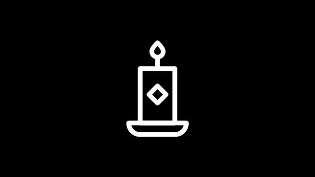 Simple white line art icon of a candle with a flame on a black background