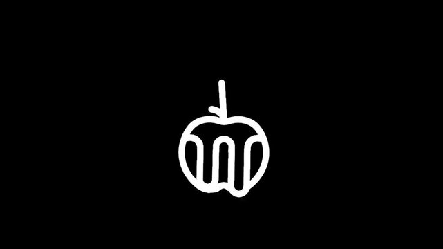 Simple white line art icon of a caramel apple on a black background