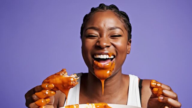 A cheerful Black woman eats spicy chicken wings with sauce dripping down her chin. Vibrant purple background creates a fun and energetic mood. Perfect for food blogs or restaurant ads.