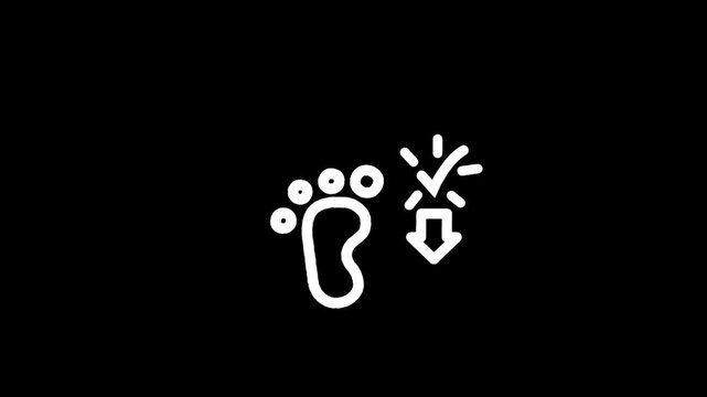 White footprint icon with downward arrow on black background, symbolizing steps or direction