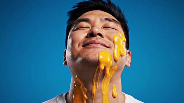 A man smiles as melted cheese sauce drips down his face near a plate of nachos. This quirky scene captures food obsession and messy indulgence. Perfect for humorous food advertisements.