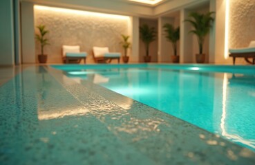 Luxurious spa resort indoor thermal pool. Clean blue water with underwater lighting. Comfortable lounge chairs, potted plants create serene atmosphere for relaxation, wellness. Modern design,