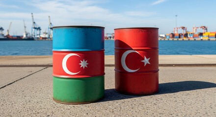 Stacked oil drums with Azerbaijan and Turkey flags on dockside