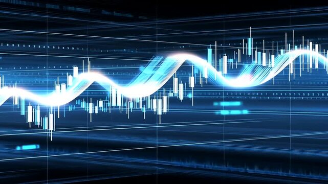 Financial data visualization with glowing blue graph and candlestick charts.