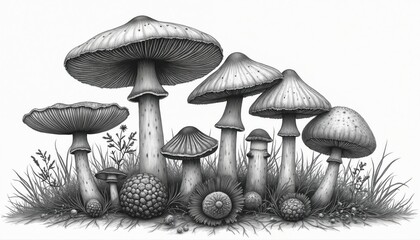Collection of assorted mushrooms drawn in monochrome graphite style. Various shapes and sizes stand among grass and mossy ground. Edible and wild fungi art.
