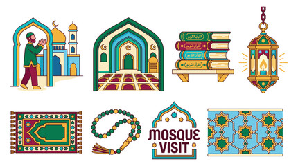 Fototapeta premium Collection of Islamic cultural heritage illustrations featuring mosque, prayer, architecture, carpet, lantern, book, and beads in a flat design style from various viewpoints