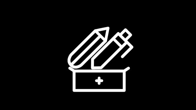Simple white line art icon of a pencil and pen in a holder with a plus sign