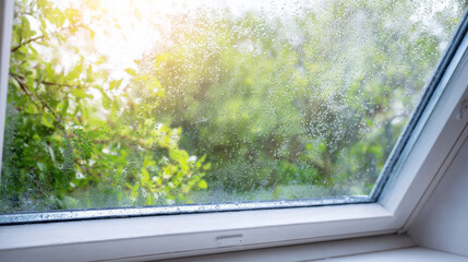 Fototapeta premium Roof window glass accumulating condensation, water dew drops on surface, bright sunlight shining through green trees