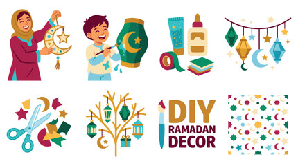 Naklejka premium Illustrations of DIY Ramadan decorations and festivities being prepared by people in a cultural setting