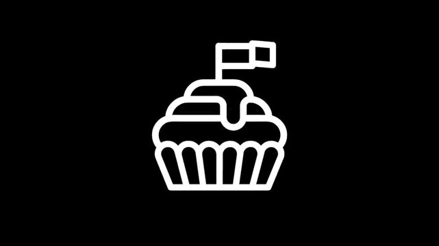 Simple line art icon of a cupcake with frosting and a flag on a black background