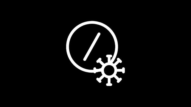 White icon of a pill with a slash through it next to a virus symbol on a black background