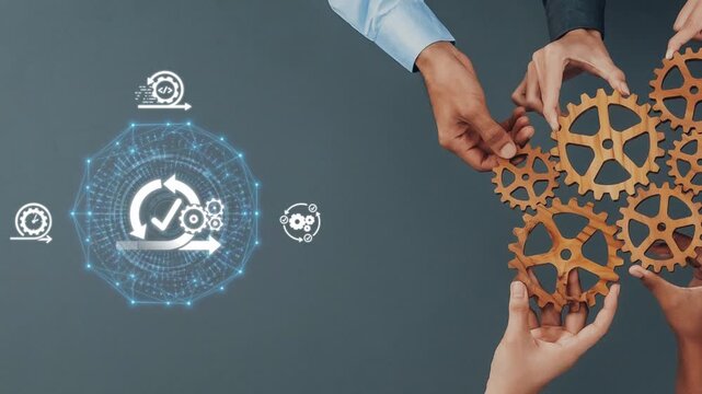 A close-up view of hands manipulating gears symbolizes process optimization in a digital workflow, showcasing teamwork and innovation in a collaborative environment. Raster