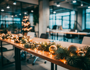 Obraz premium Soft blurred Christmas decorations in office space with glowing lights. Abstract festive background ideal for corporate holiday campaigns and seasonal design projects.