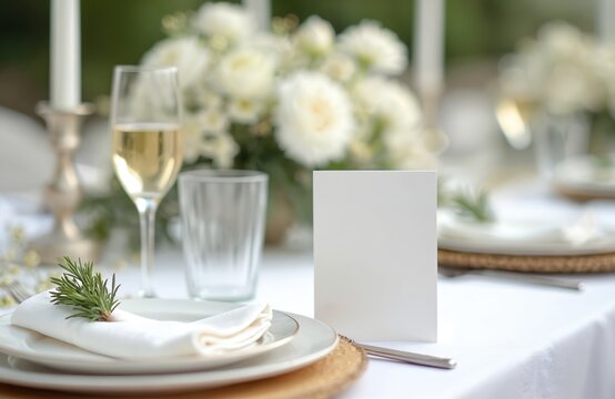 Elegant table setting for wedding reception with white flowers, champagne glass, and blank card. Includes plate, napkin with rosemary, and cutlery. Perfect for event planning, menus, or place cards.