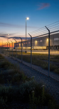 Industrial warehouse with barbed wire fence at dusk with dramatic sky and lights