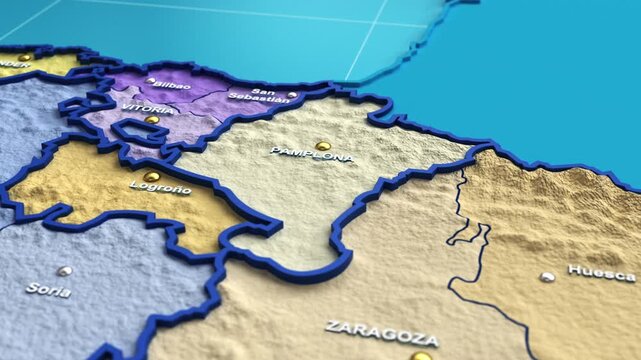 3D animation of a map of Spain zooming into the Navarra region
