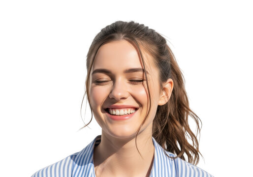Young woman laughing with eyes closed isolated on transparent background