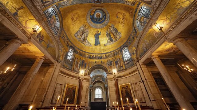 Byzantine-Style Chapel Interior: Detailed Fresco, Golden Light, Ornate Architecture, Religious Iconography, and Candlelight Atmosphere.