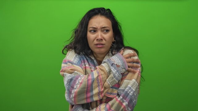 Woman wearing oversized patterned sweater clutching hands to chest with furrowed brow and pouting lips in green studio; anxiety.