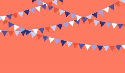 Minimal vector illustration of hanging bunting banners with triangular flags in blue, white and coral tones, placed on a solid coral background. Clean shapes and simple composition for festive or deco