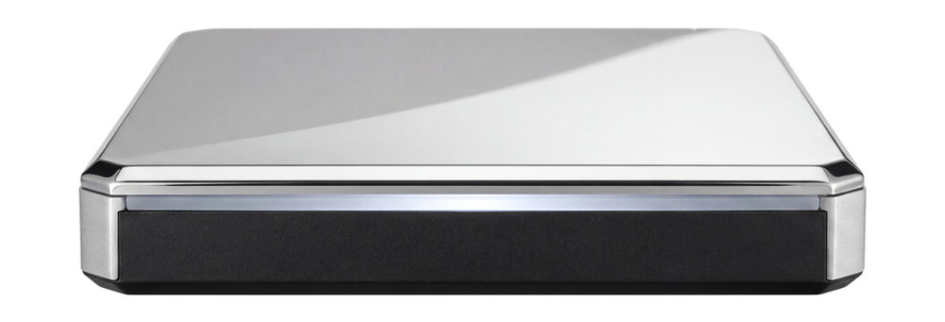 Blu-ray writer with a mirrored surface and a glowing status indicator strip