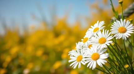 Fototapeta premium Dreamy White Daisies with Yellow Centers Against Blurred Golden Bokeh Background