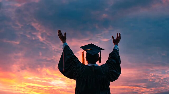 Graduate in Robe Celebrating Achievement at Sunset.