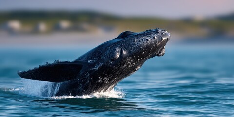 Obraz premium wildlife photography, a wide-angle shot captures a north atlantic right whale breaching the atlantic surface it focuses sharply on the heads callosities and glistening wet skin, with a hazy teal