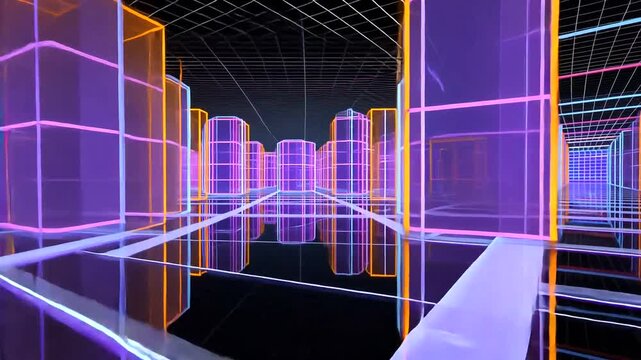 Futuristic neon-lit 3D grid architecture with purple and pink hues.