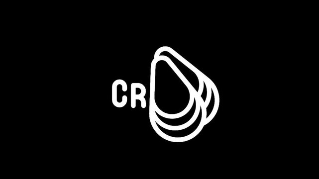 Minimalist white logo with CR letters and abstract shell shapes on black background