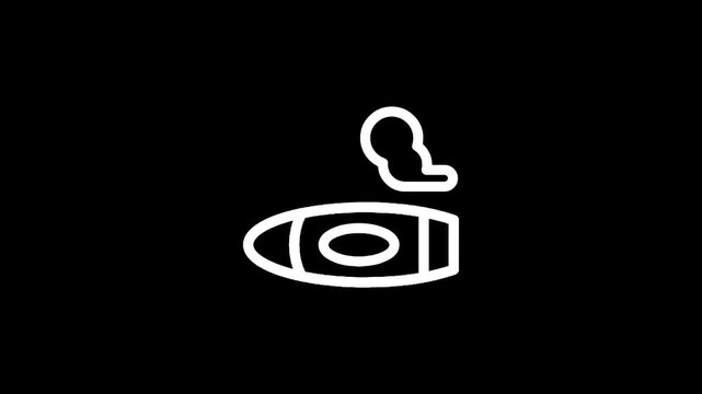 Simple white line art icon of a cigar with smoke on a black background