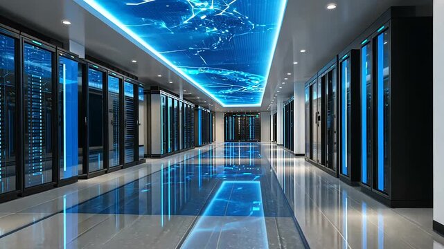 Modern data center with sleek server racks and illuminated ceiling.