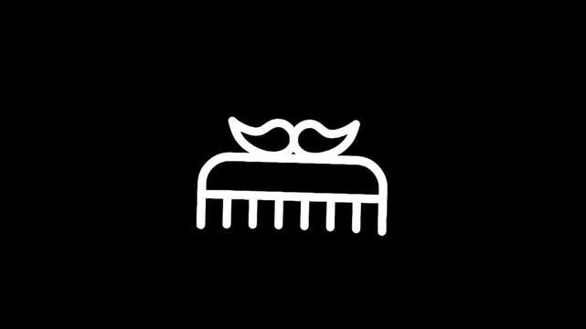 Minimalist white icon of a comb with a mustache on a black background
