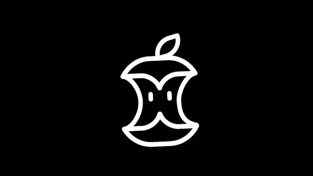 Minimalist white apple core icon on a stark black background, symbolizing waste