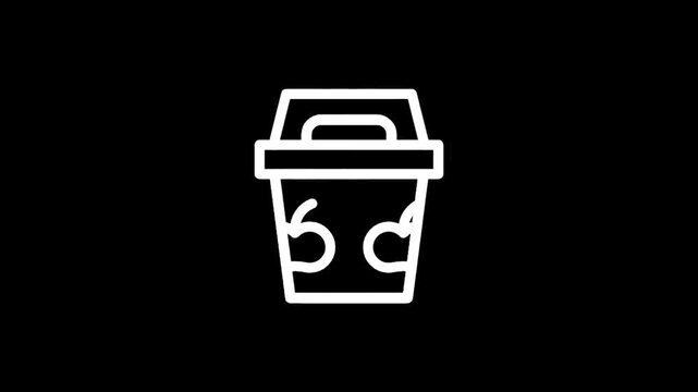 Simple white line icon of a lunchbox with an apple symbol on a black background