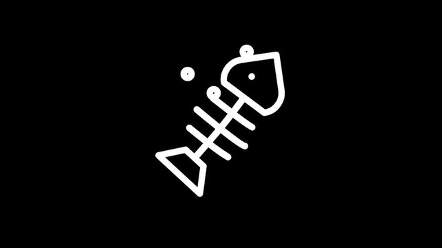 Simple white fish skeleton icon on a black background, minimalist design