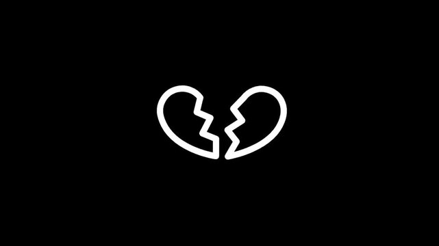 Simple white broken heart icon with radiating lines on a black background