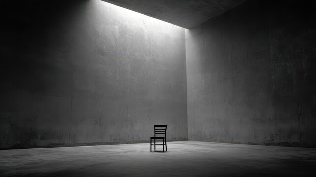 Single wooden chair under spotlight in empty dark concrete room, loneliness and isolation concept
