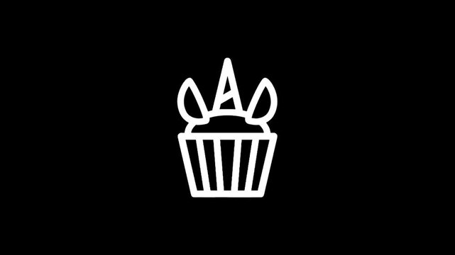 Simple white line art unicorn cupcake icon on a black background